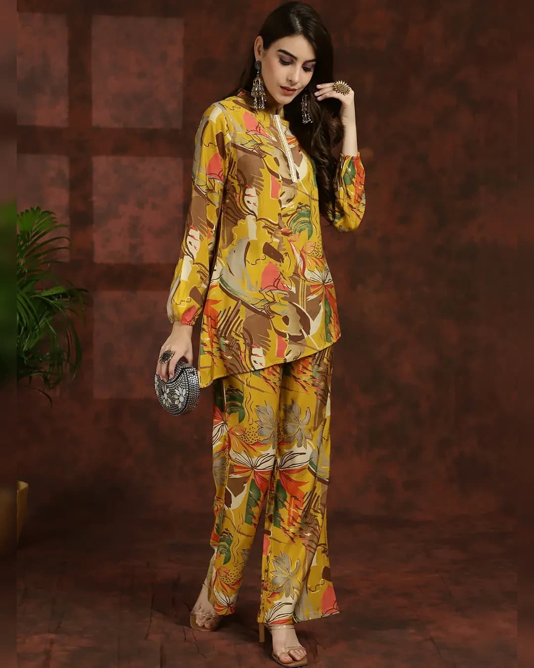 Vibrant Yellow Floral Chanderi Silk Tunic & Palazzo Ethnic Co-ord Set