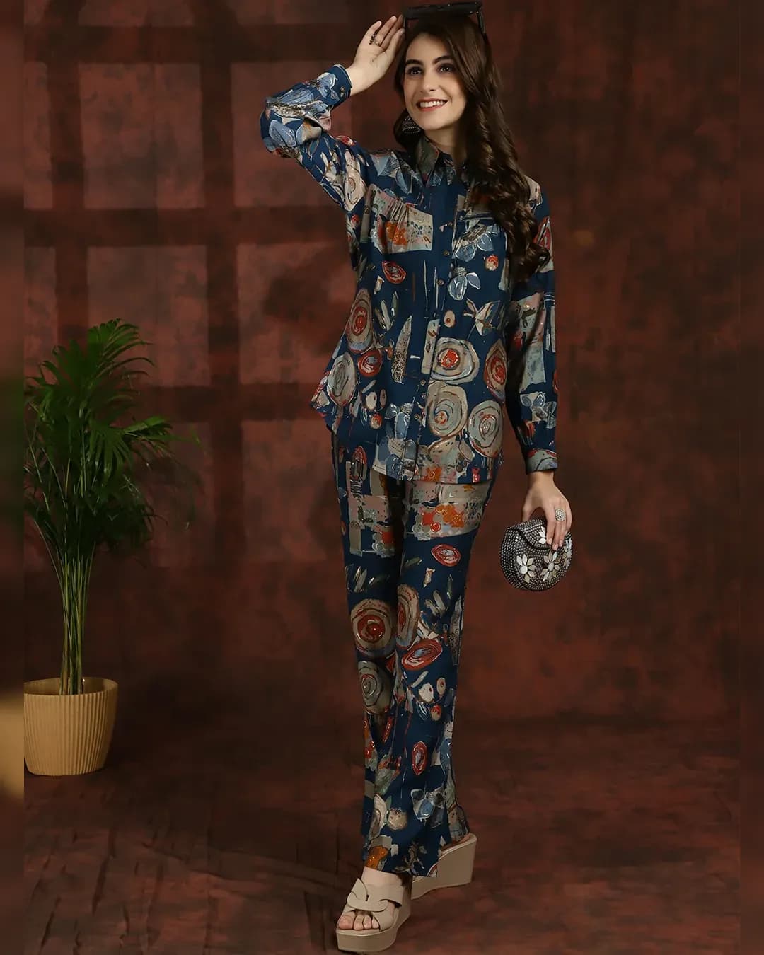 Navy Blue Abstract Chanderi Silk Shirt Collar Tunic With Trousers Co-ord Set