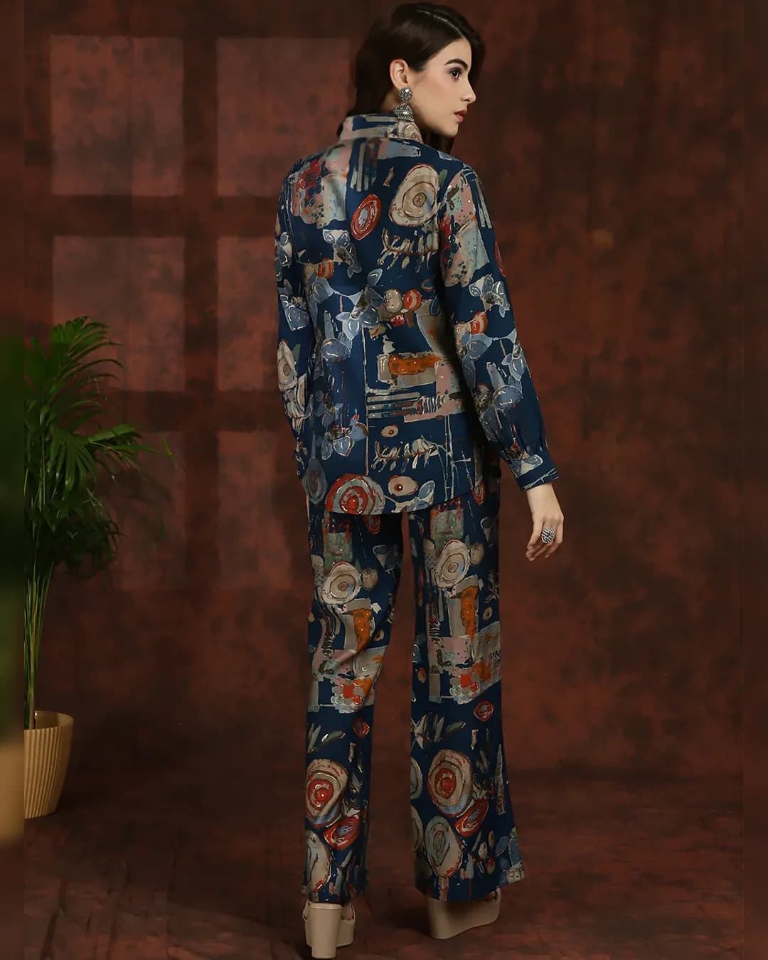 Navy Blue Abstract Chanderi Silk Shirt Collar Tunic With Trousers Co-ord Set alternate view