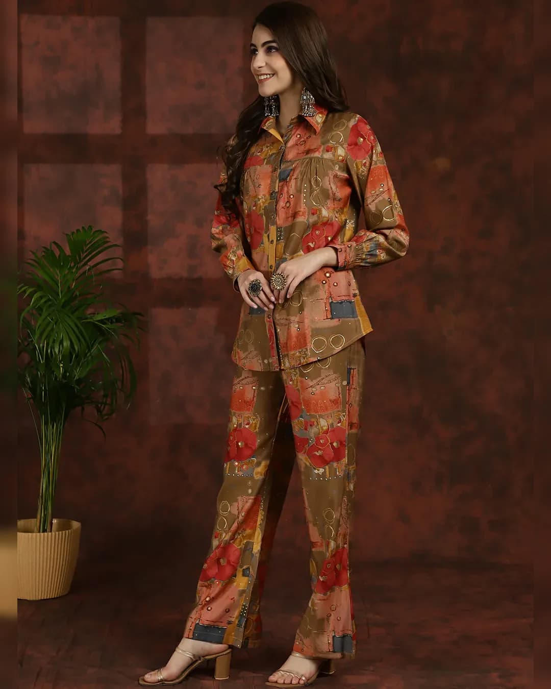 Earthy Elegance Co-ord Set - Brown & Maroon Ensemble