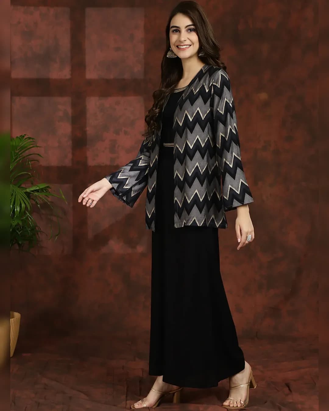 Sophisticated Black Striped Chanderi Silk Co-ord Set: Top Jacket & Palazzos