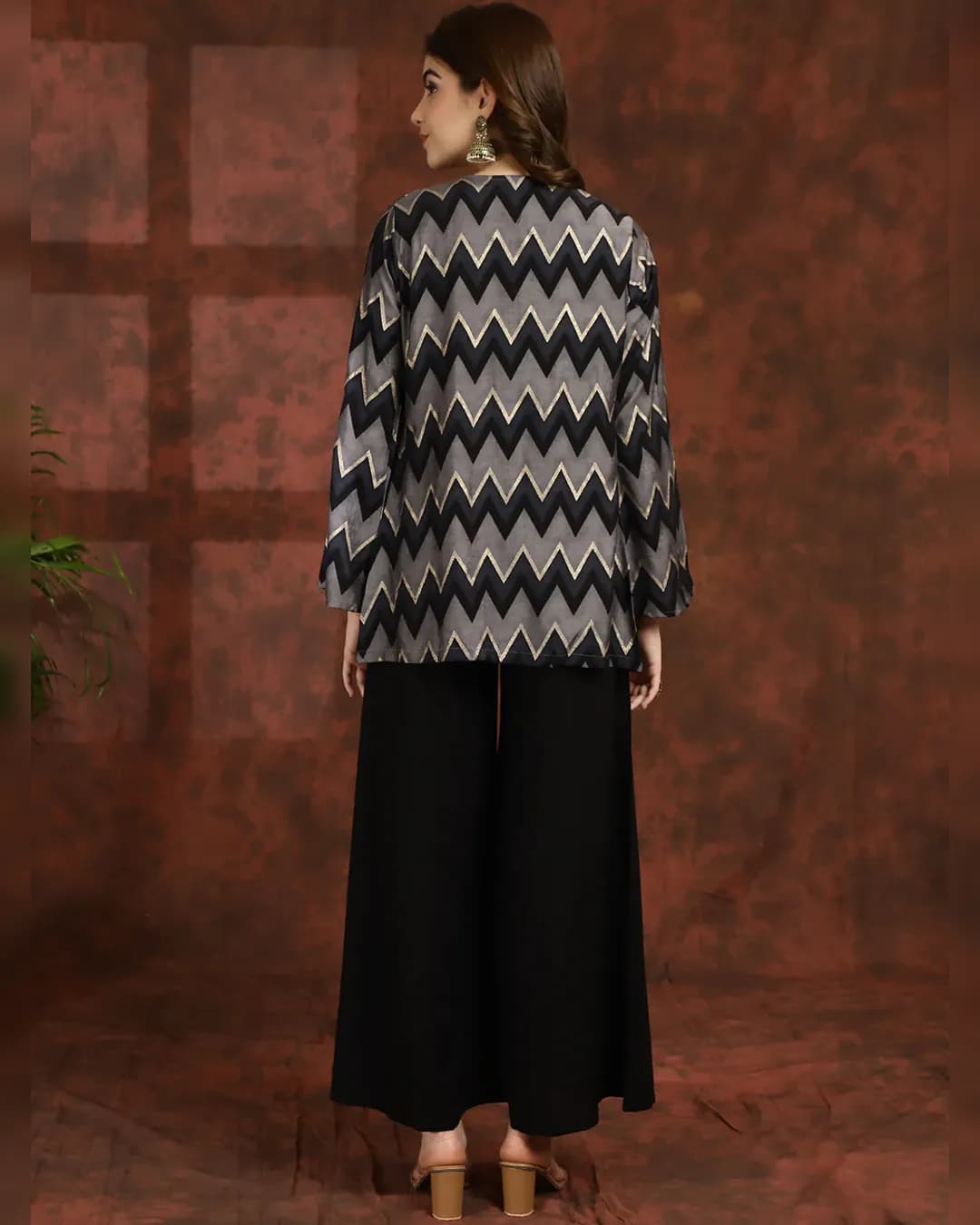 Sophisticated Black Striped Chanderi Silk Co-ord Set: Top Jacket & Palazzos alternate view