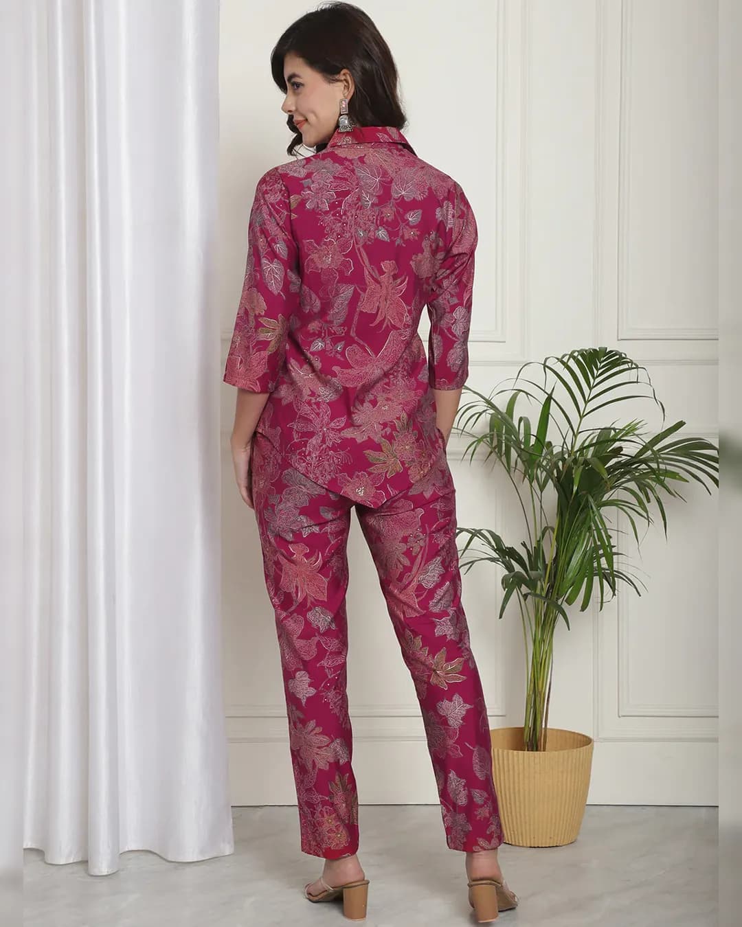 Elegant Pink Floral Chanderi Silk Co-ord Set: Shirt & Trouser Ensemble alternate view