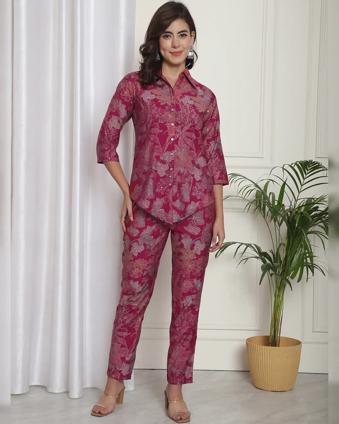 Elegant Pink Floral Chanderi Silk Co-ord Set: Shirt & Trouser Ensemble
