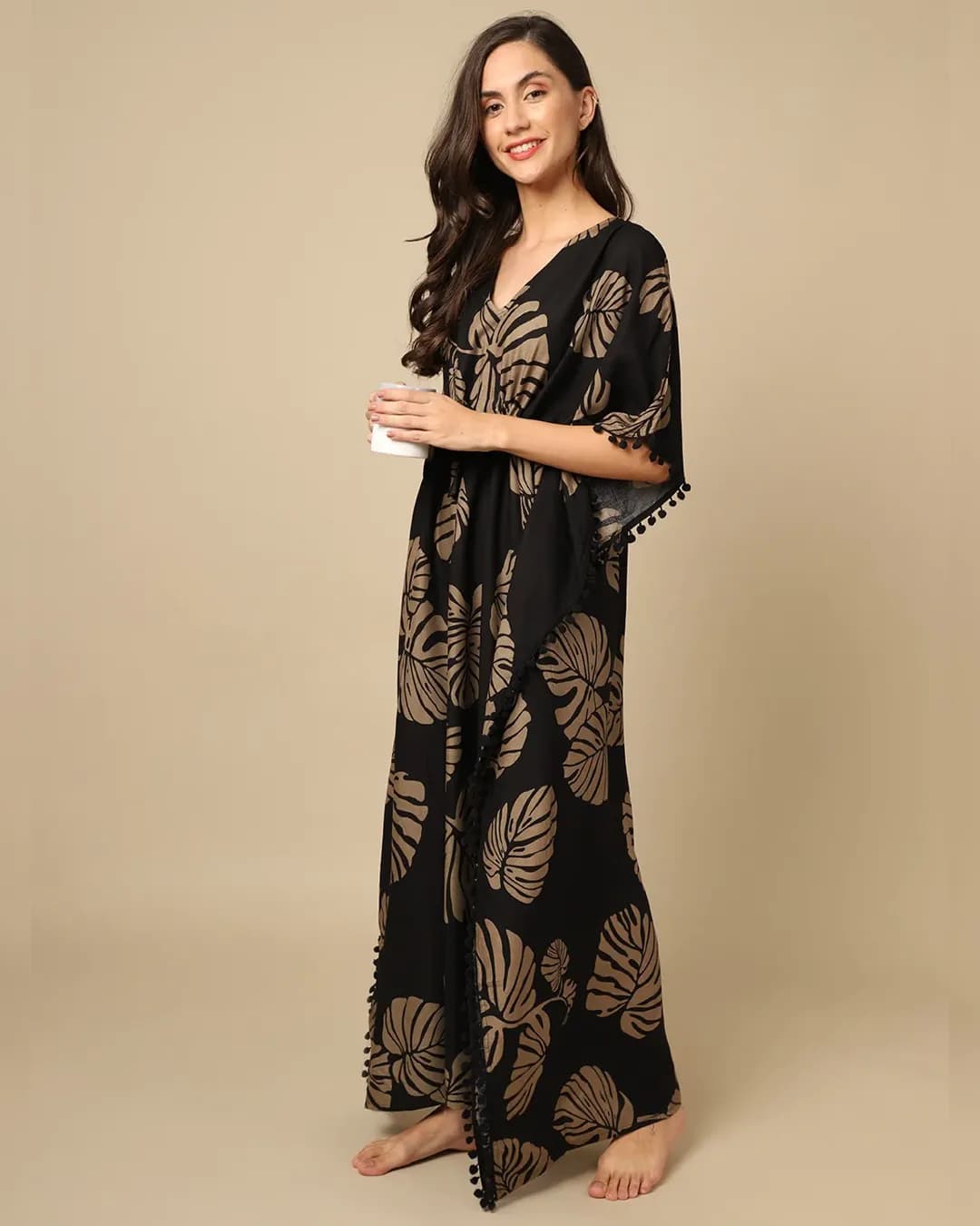 Cozy Elegance: Black Floral Rayon Maxi Nightdress