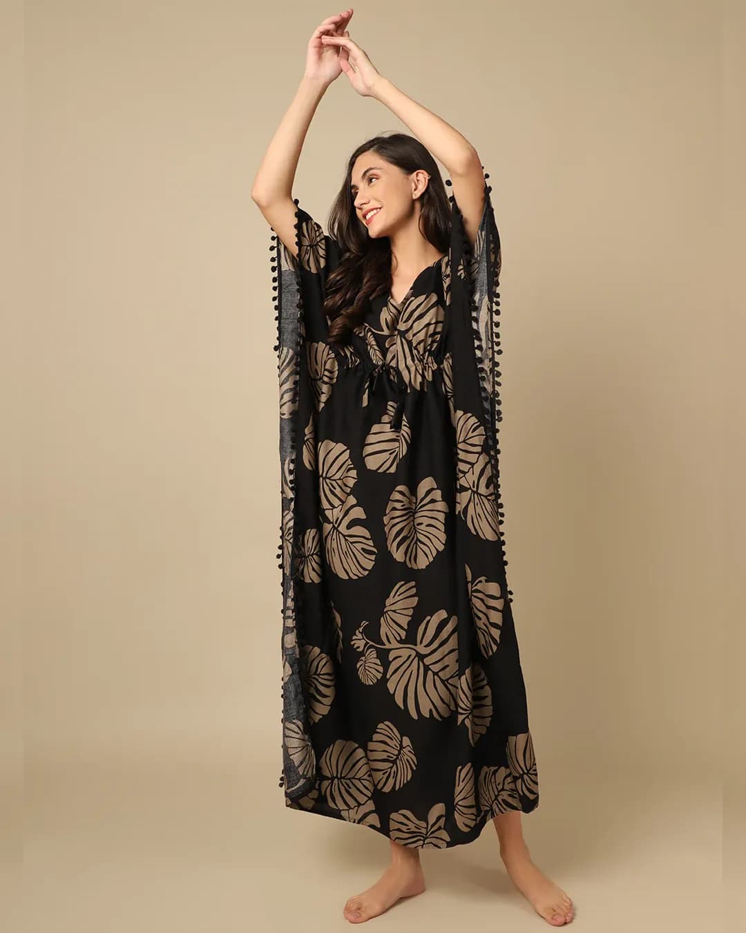 Cozy Elegance: Black Floral Rayon Maxi Nightdress alternate view