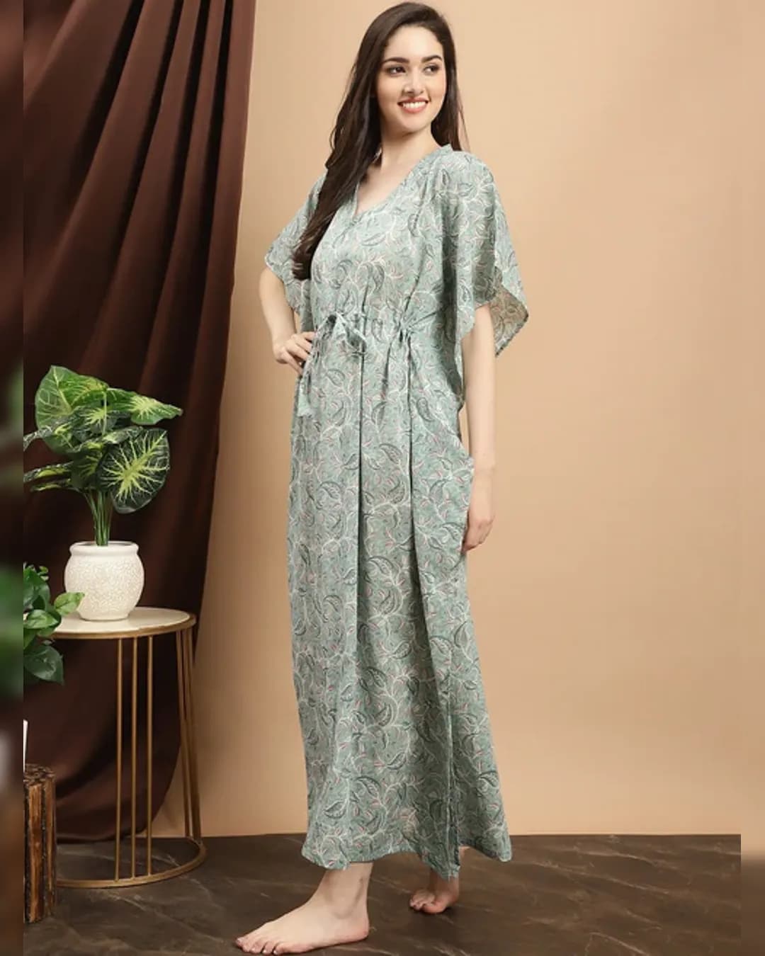 Luxe Comfort: Green Abstract Printed Cotton Kaftan Maxi Nightdress