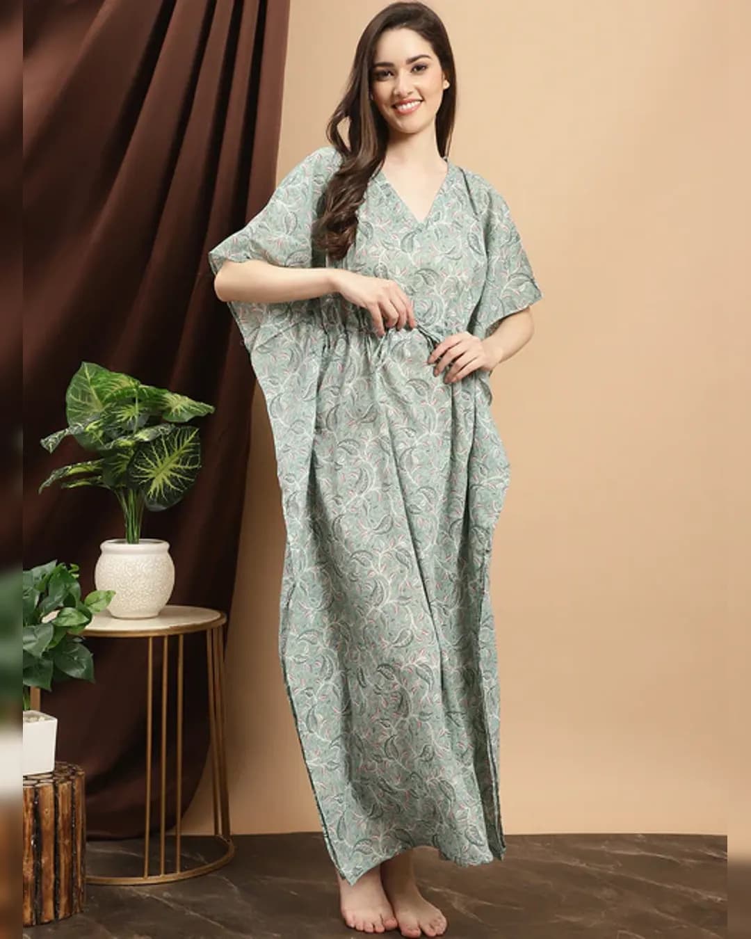 Luxe Comfort: Green Abstract Printed Cotton Kaftan Maxi Nightdress alternate view