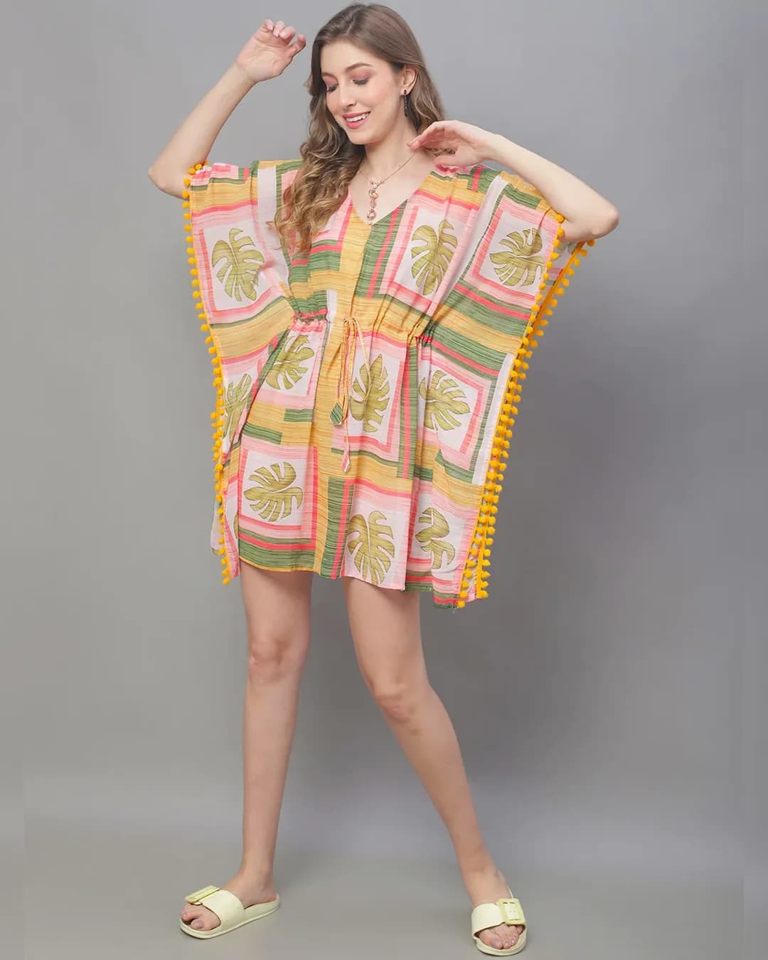 Sunshine Escape: Yellow Tropical Georgette Beachwear Set