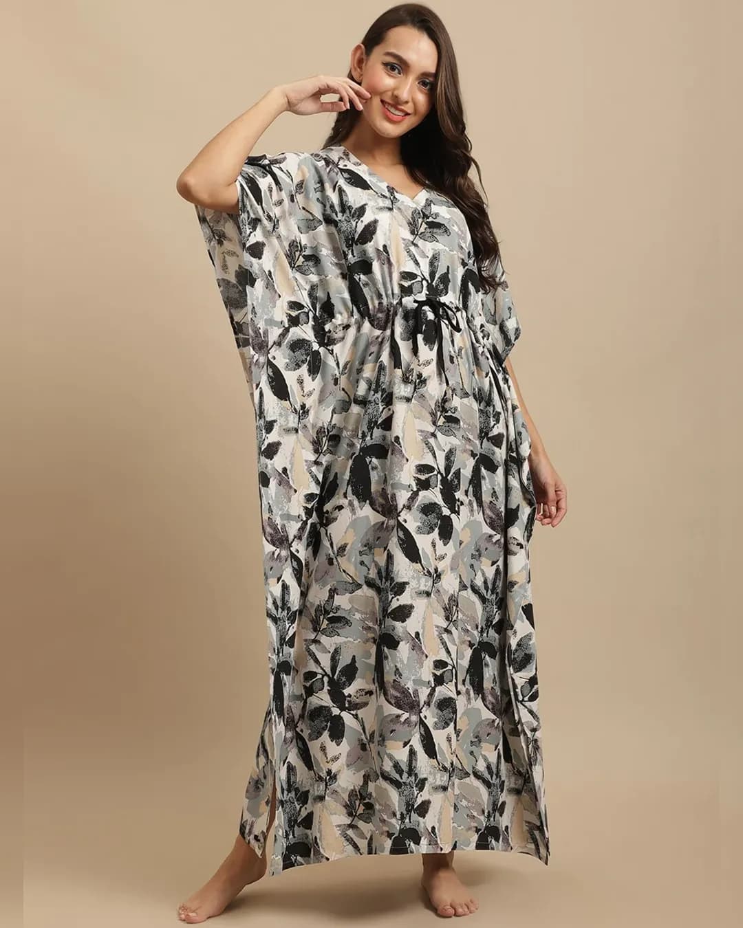 Blissful Comfort: Black Floral Rayon Ankle-Length Nightdress