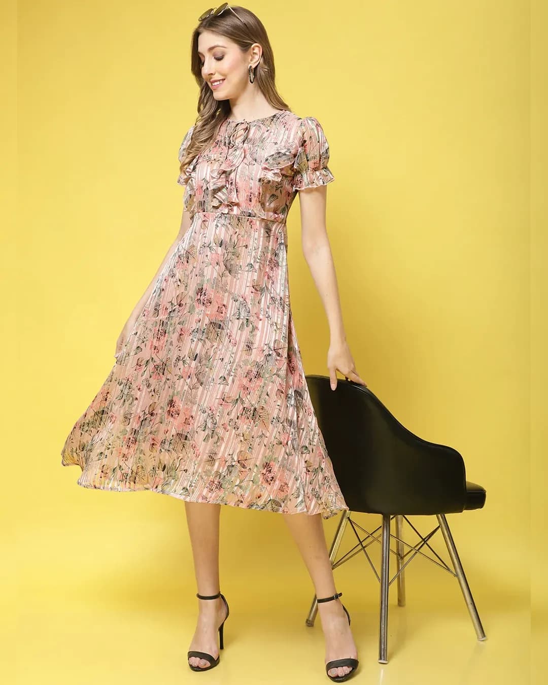 Blushing Blooms: Pink Floral Print Georgette Fit & Flare Midi Dress