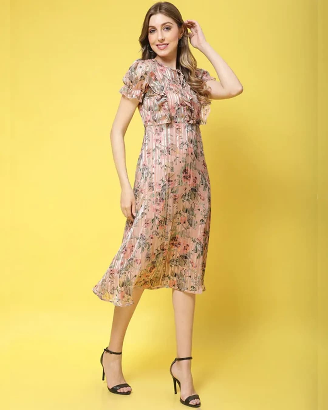 Blushing Blooms: Pink Floral Print Georgette Fit & Flare Midi Dress alternate view