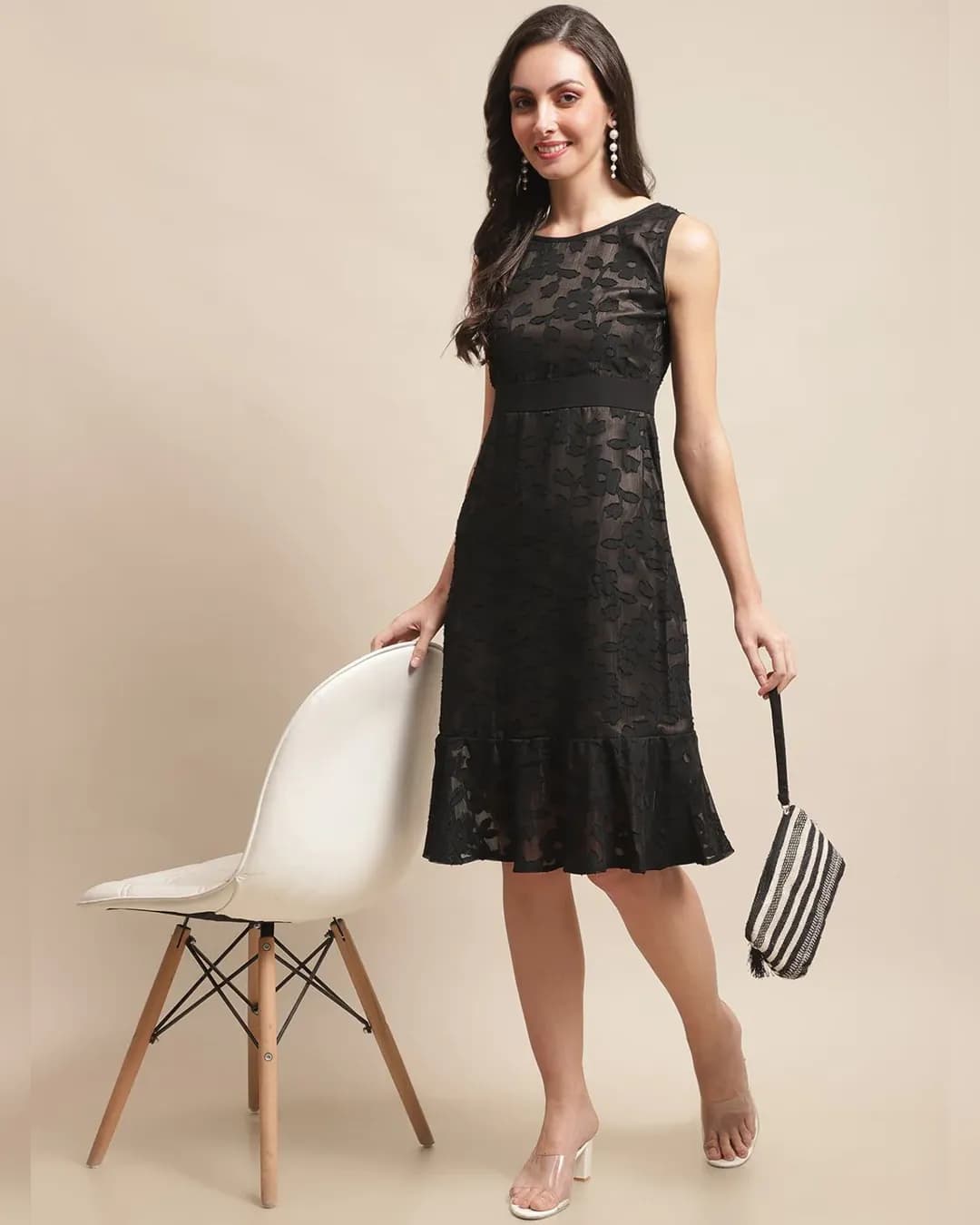 Midnight Elegance: Black Self Design A-Line Georgette Dress alternate view