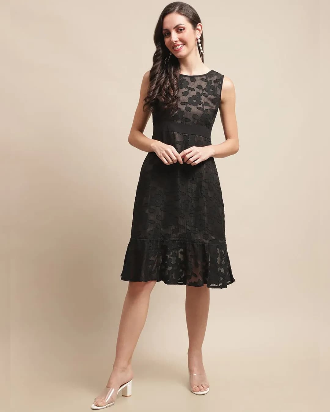 Midnight Elegance: Black Self Design A-Line Georgette Dress