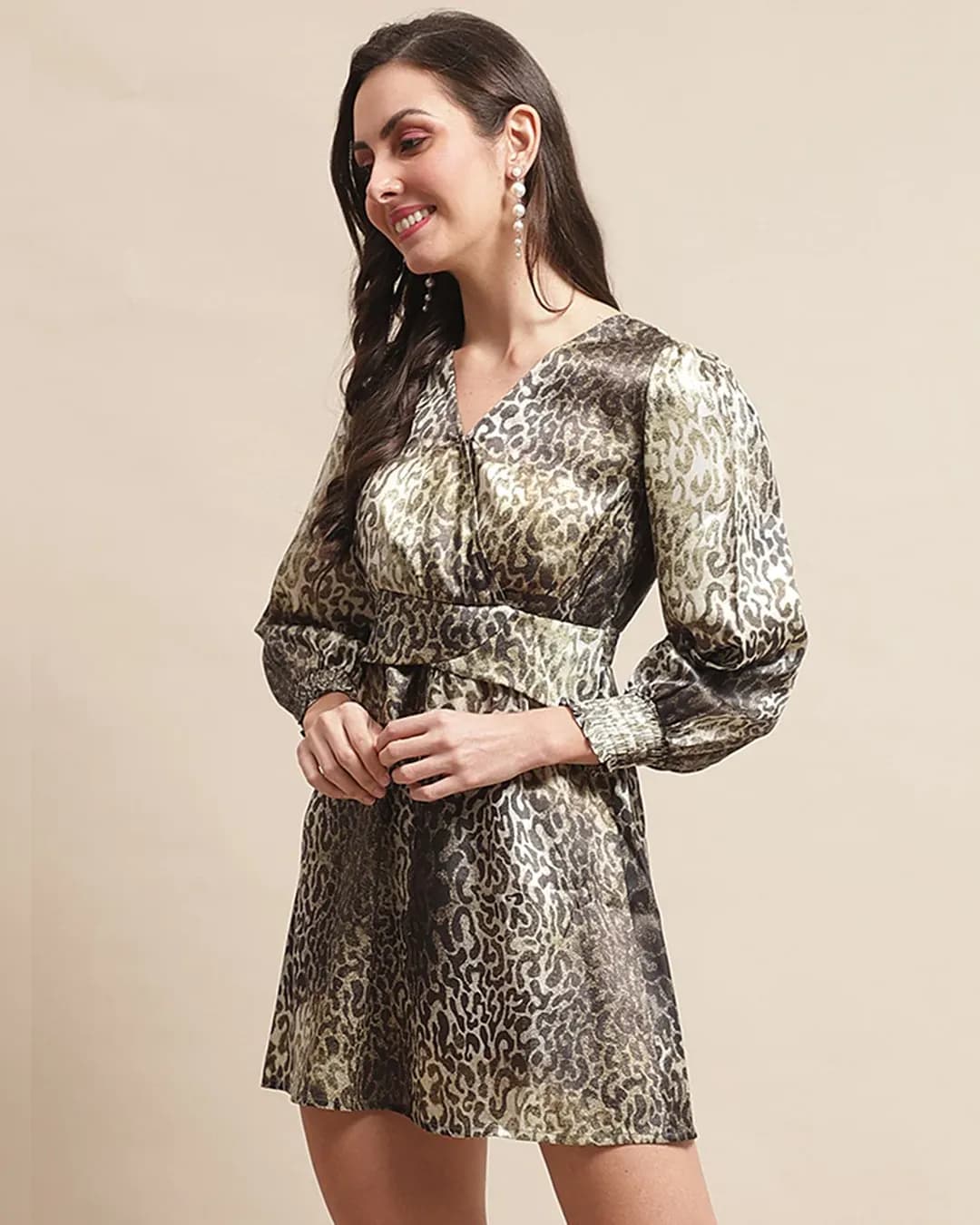 Jungle Rhapsody: Green Animal Print Satin Fit & Flare Dress alternate view