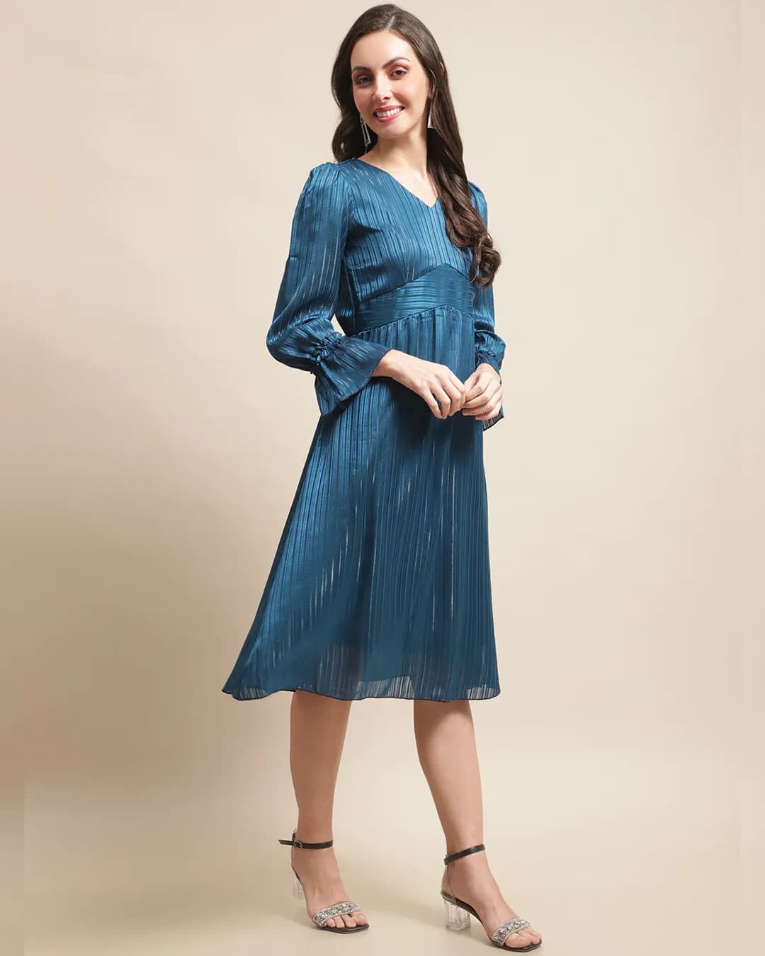 Azure Elegance Blue Solid A-Line Dress - Timeless Sophistication and Comfort alternate view