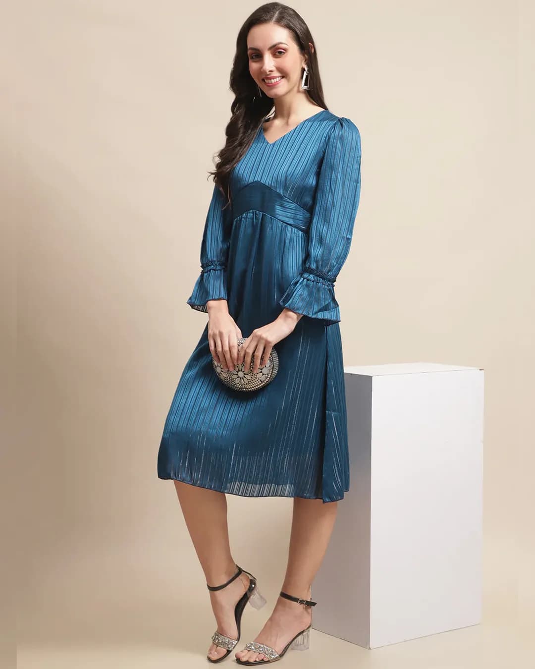 Azure Elegance Blue Solid A-Line Dress - Timeless Sophistication and Comfort