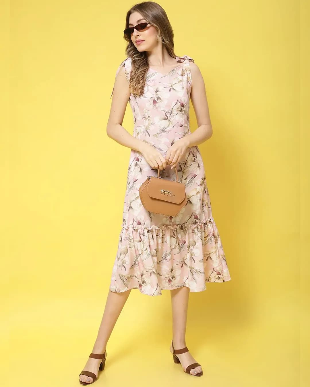 Blushing Blossoms Pink Floral A-Line Dress - Effortless Charm for Casual Elegance alternate view