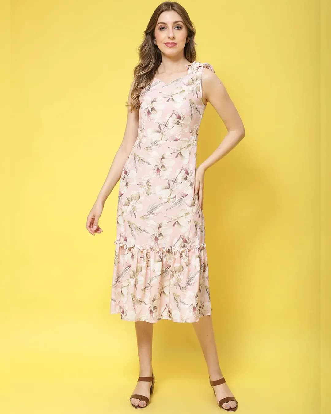 Blushing Blossoms Pink Floral A-Line Dress - Effortless Charm for Casual Elegance