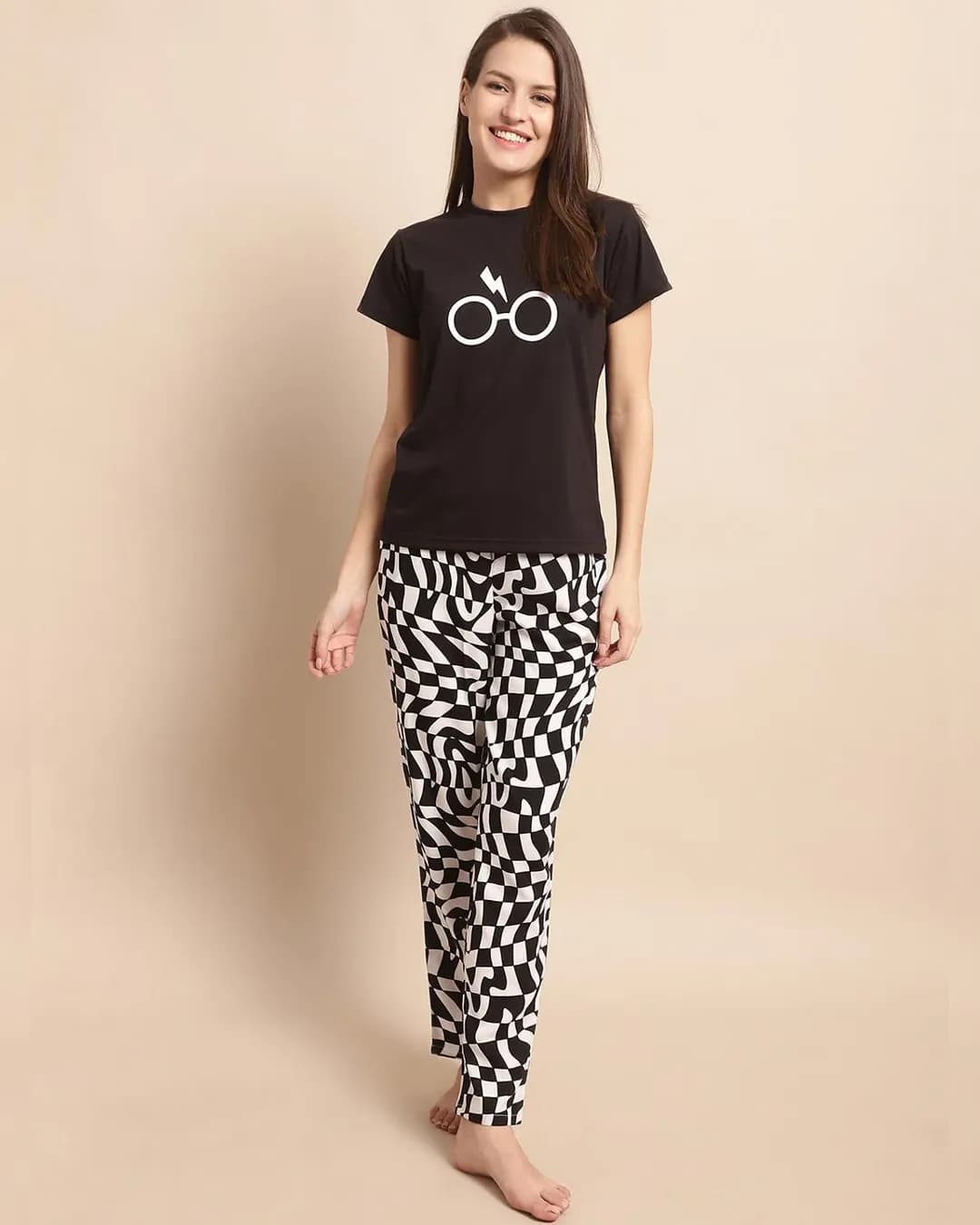 Midnight Serenity: Black Geometric Rayon Night Suit Set