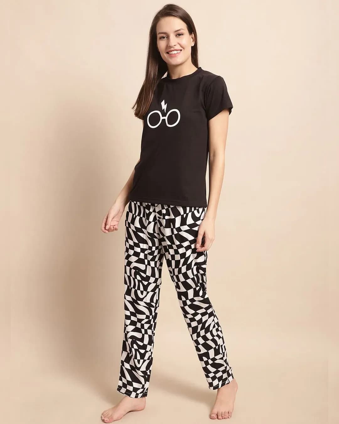 Midnight Serenity: Black Geometric Rayon Night Suit Set alternate view