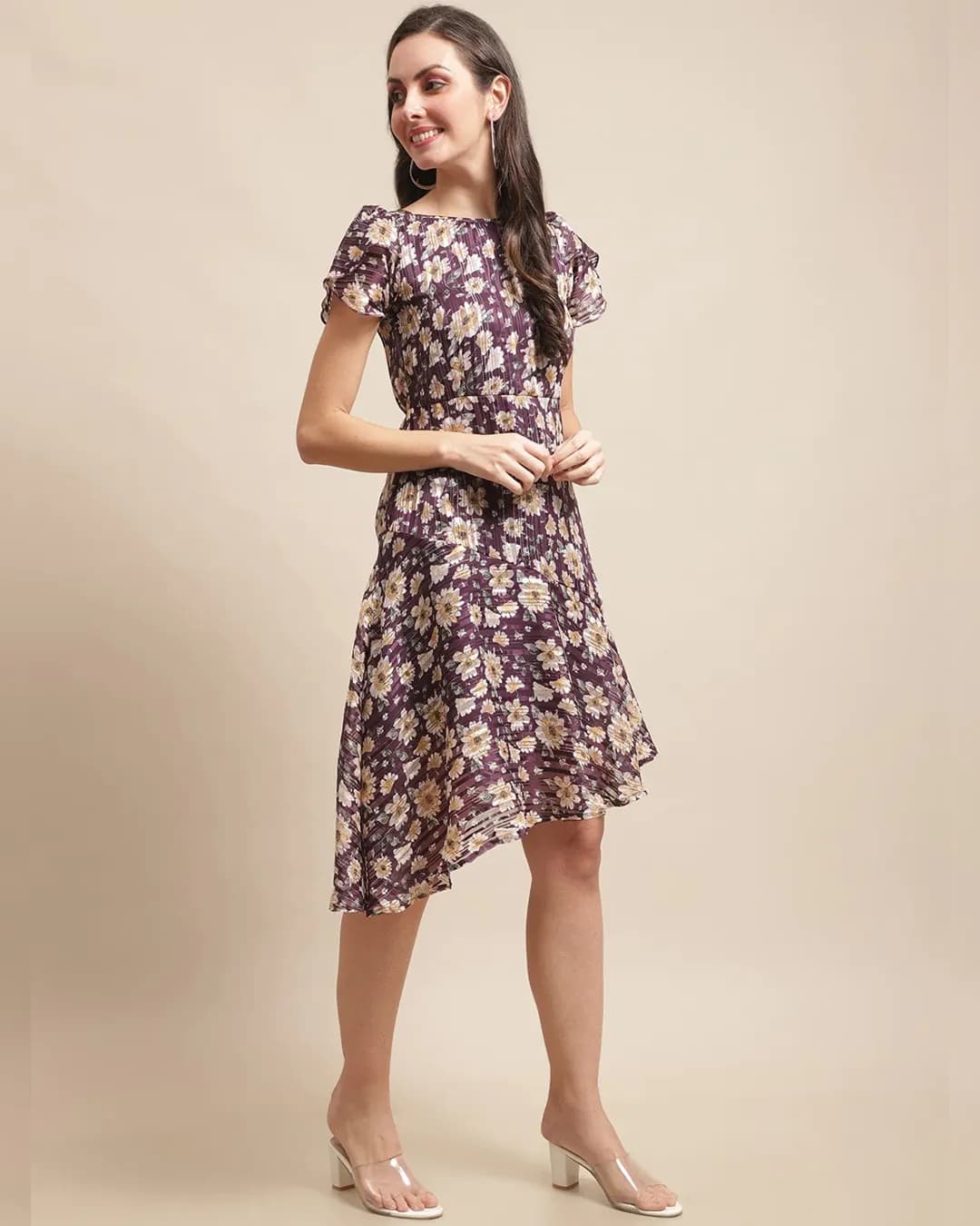 Royal Bloom: Purple Floral Fit & Flare Georgette Dress