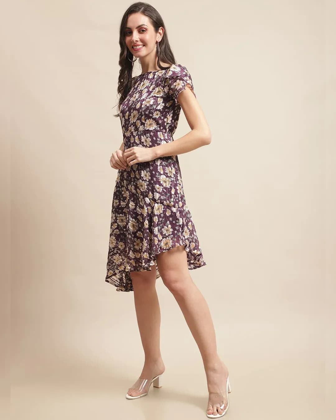 Royal Bloom: Purple Floral Fit & Flare Georgette Dress alternate view