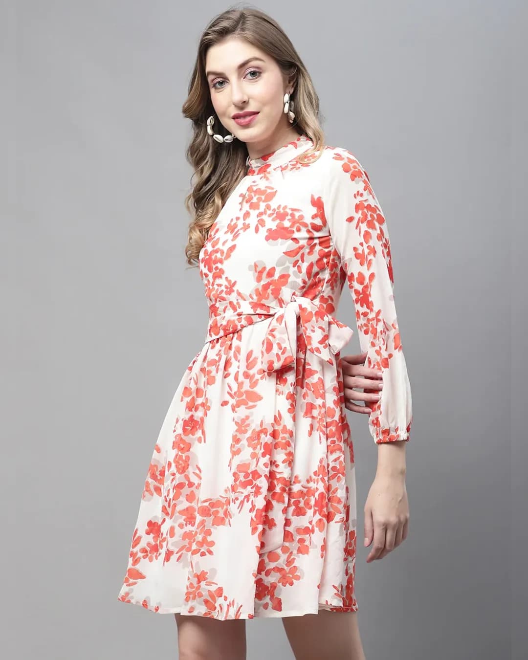 Sun-Kissed Blooms: Orange Floral Fit & Flare Georgette Dress with Belt alternate view