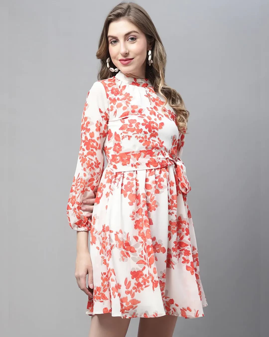 Sun-Kissed Blooms: Orange Floral Fit & Flare Georgette Dress with Belt