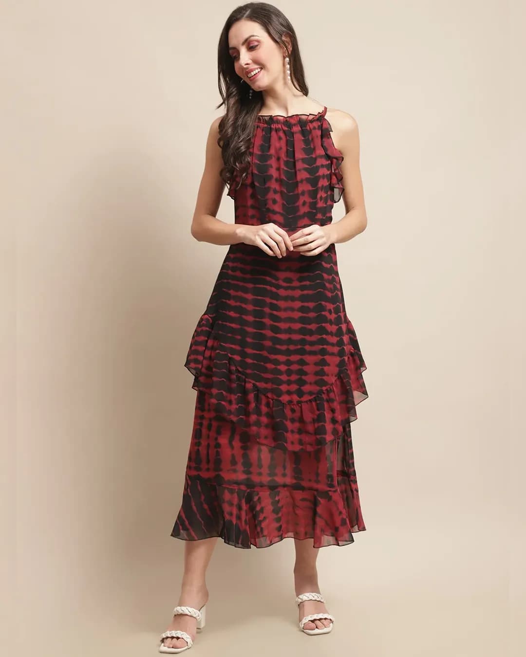 Crimson Cascade: Maroon Abstract Print A-Line Georgette Dress