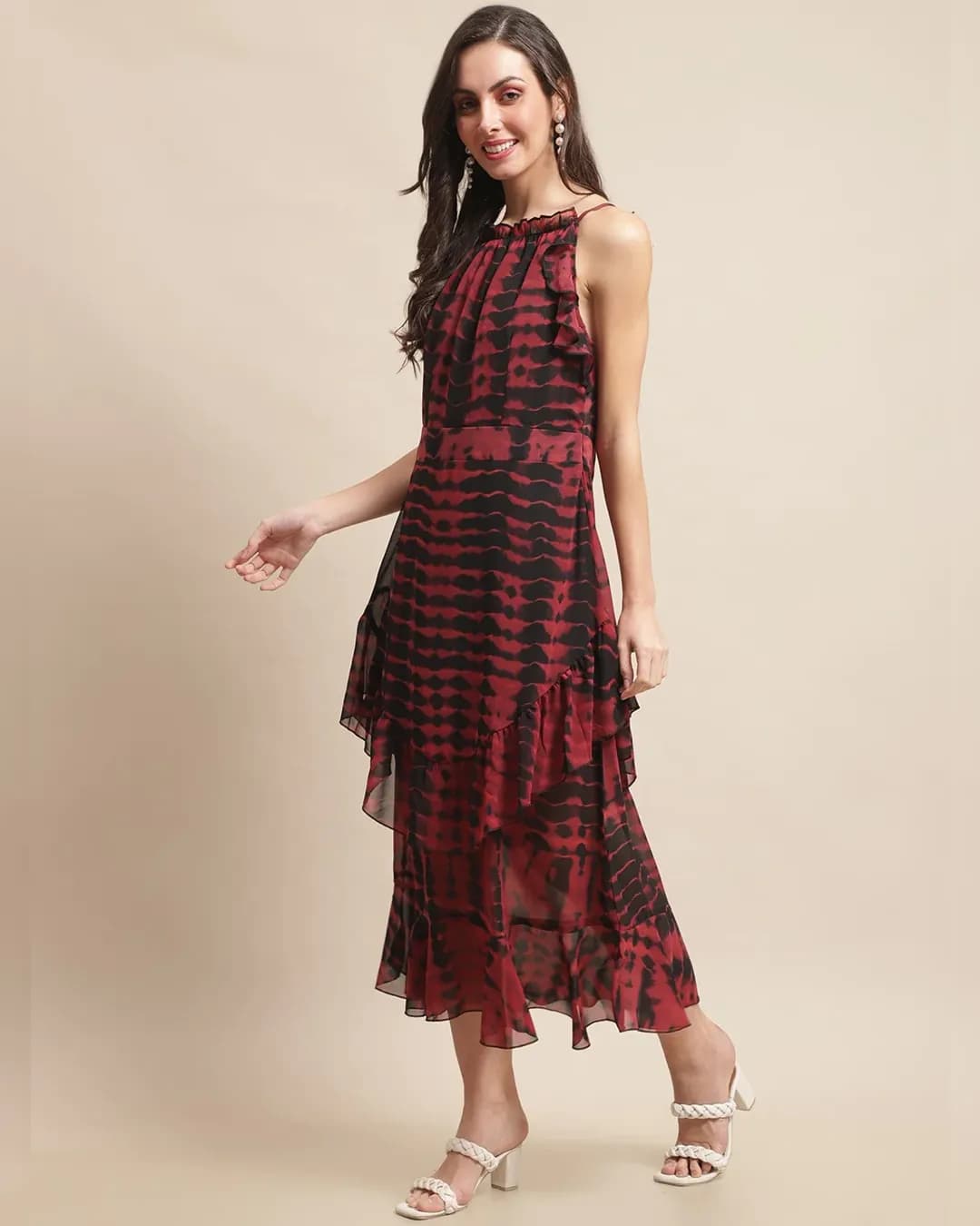 Crimson Cascade: Maroon Abstract Print A-Line Georgette Dress alternate view