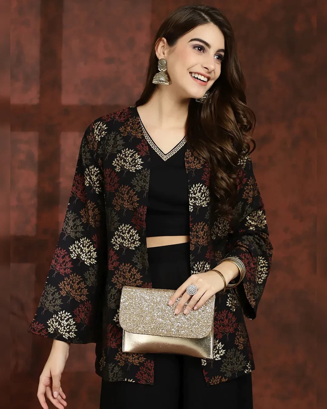 Sophisticated Black Floral Chanderi Silk Co-ord Set with Jacket alternate view