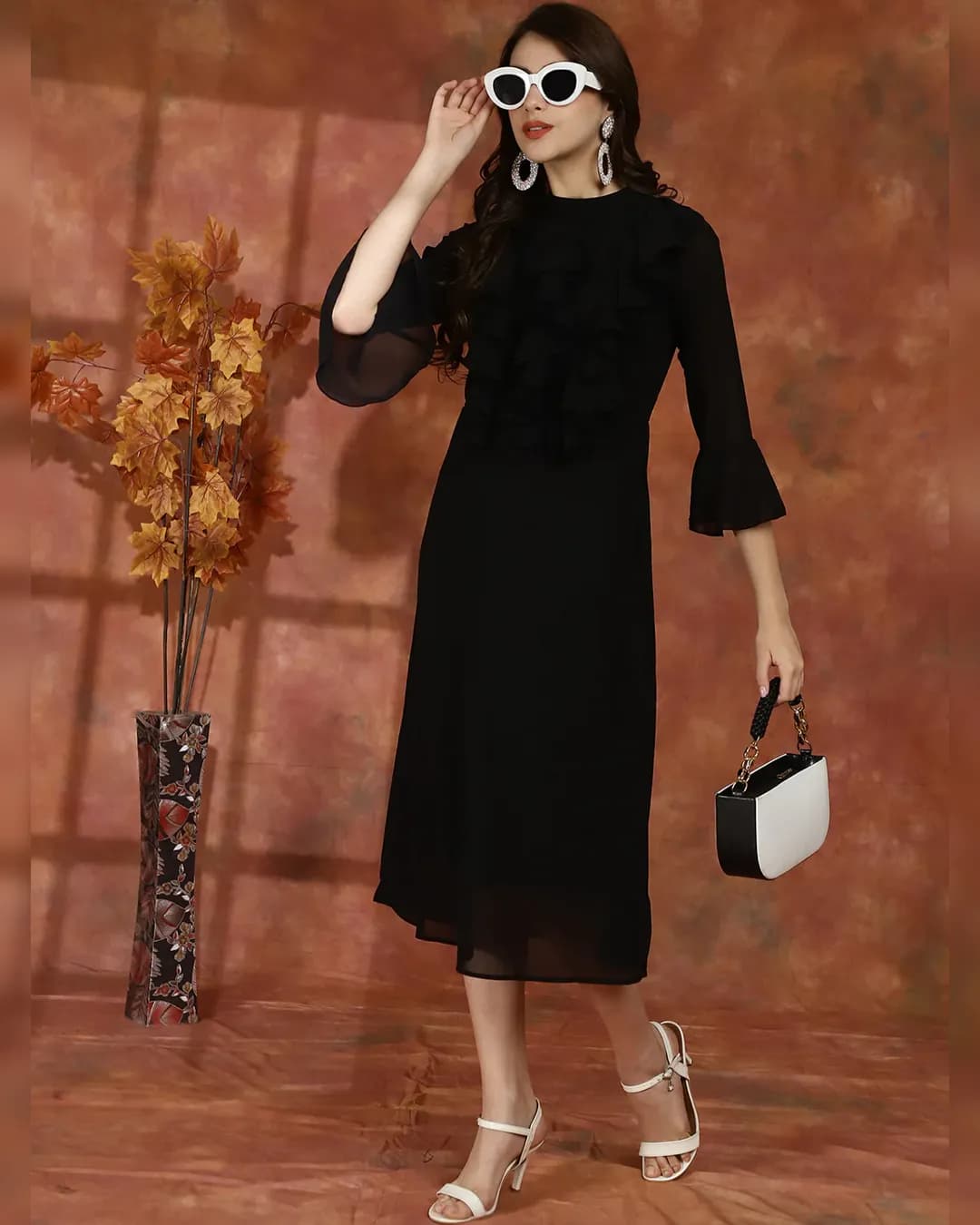 Noir Elegance: Georgette Fit & Flare Midi Dress