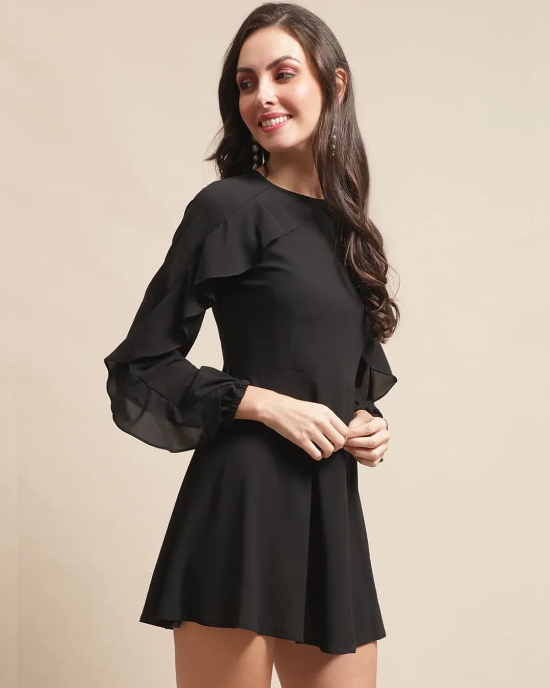 Noir Chic: Georgette Fit & Flare Ruffle Dress alternate view