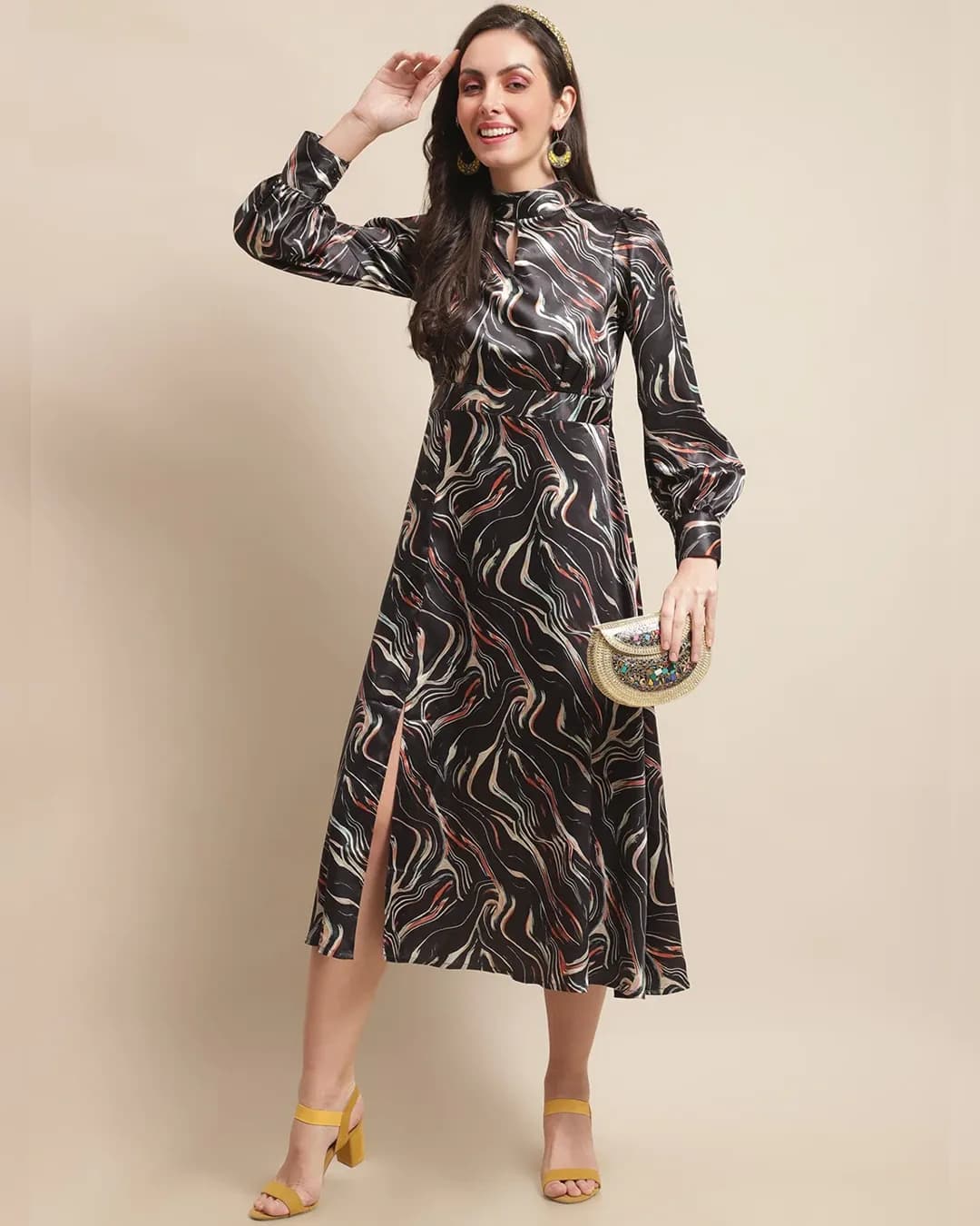 Midnight Whimsy: Abstract Print Satin Fit & Flare Midi Dress alternate view