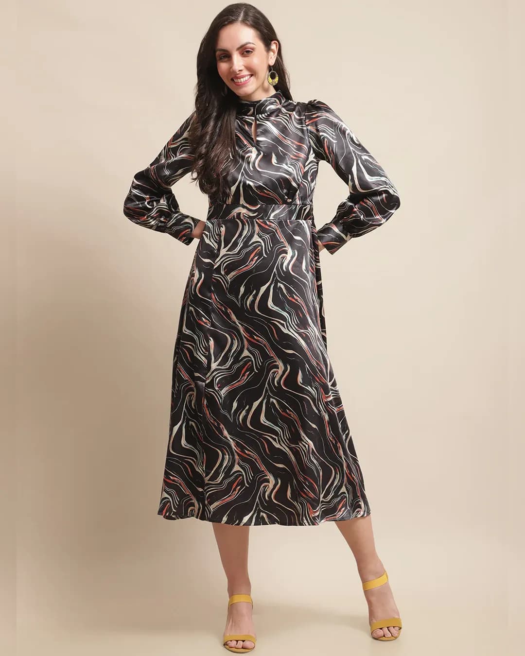 Midnight Whimsy: Abstract Print Satin Fit & Flare Midi Dress