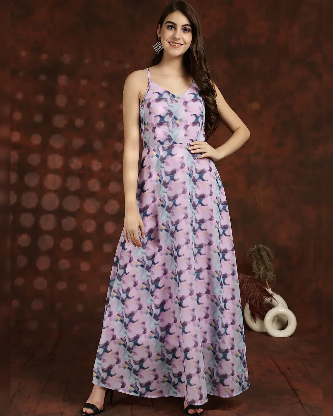 Regal Splendor: Purple Abstract Printed Georgette Maxi Dress