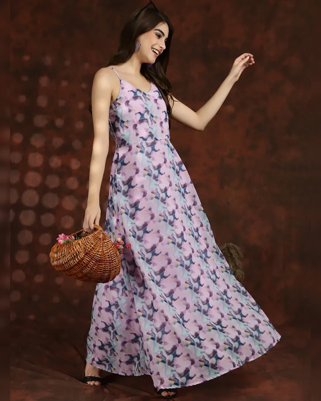 Regal Splendor: Purple Abstract Printed Georgette Maxi Dress alternate view