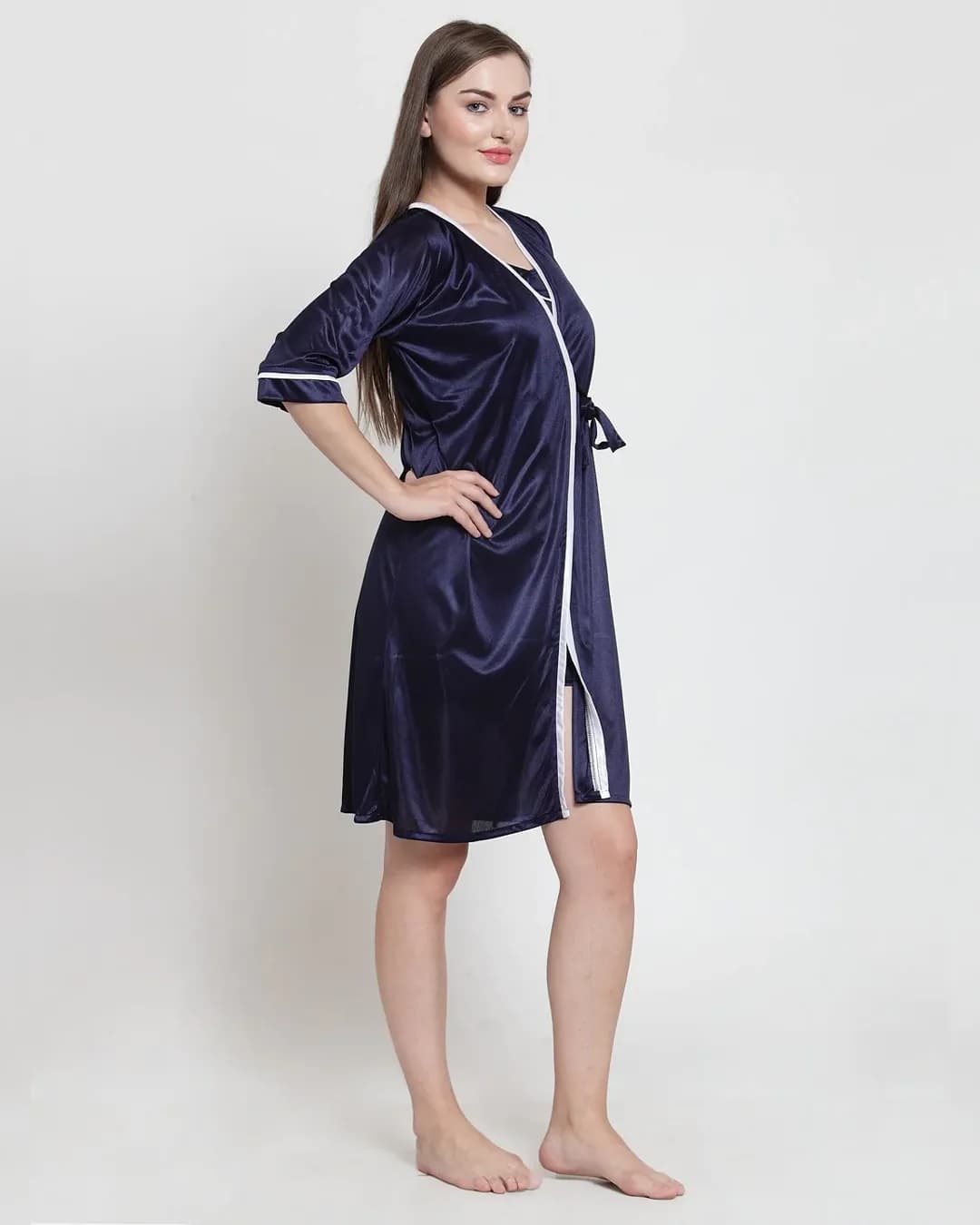 Dreamy Comfort: Navy Blue Satin Nighty Robe Set