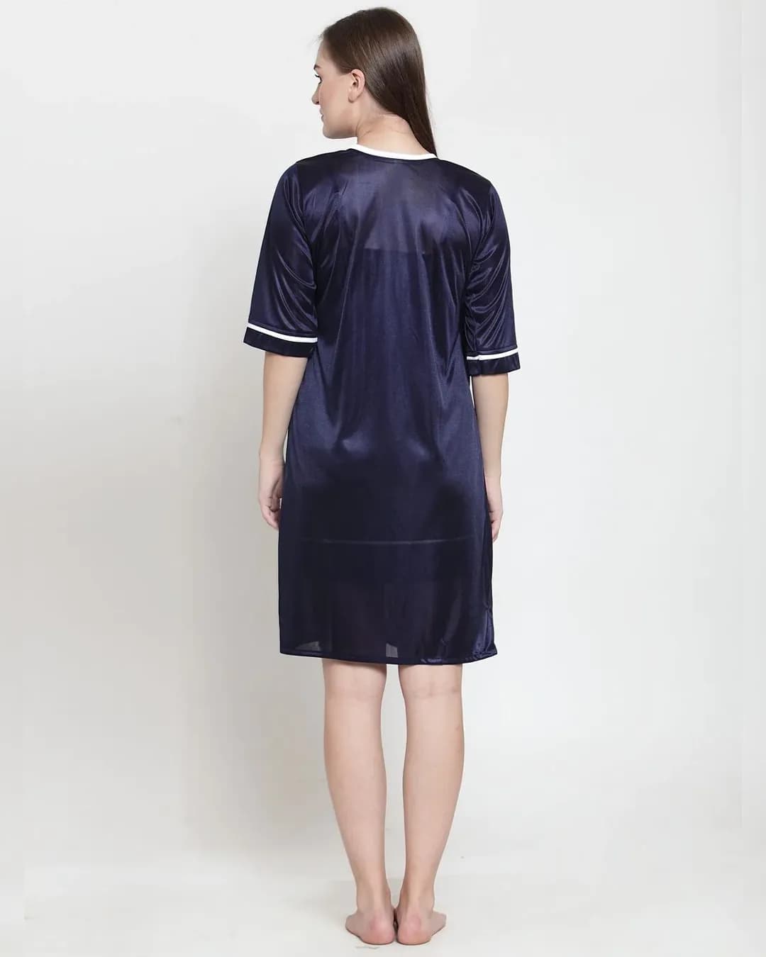 Dreamy Comfort: Navy Blue Satin Nighty Robe Set alternate view