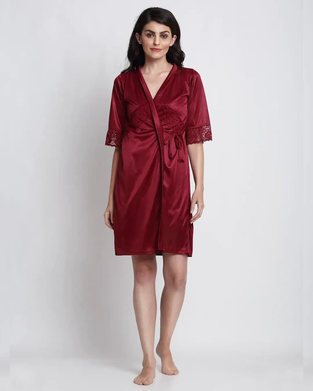 Plush Comfort: Maroon Satin Nighty Robe Set