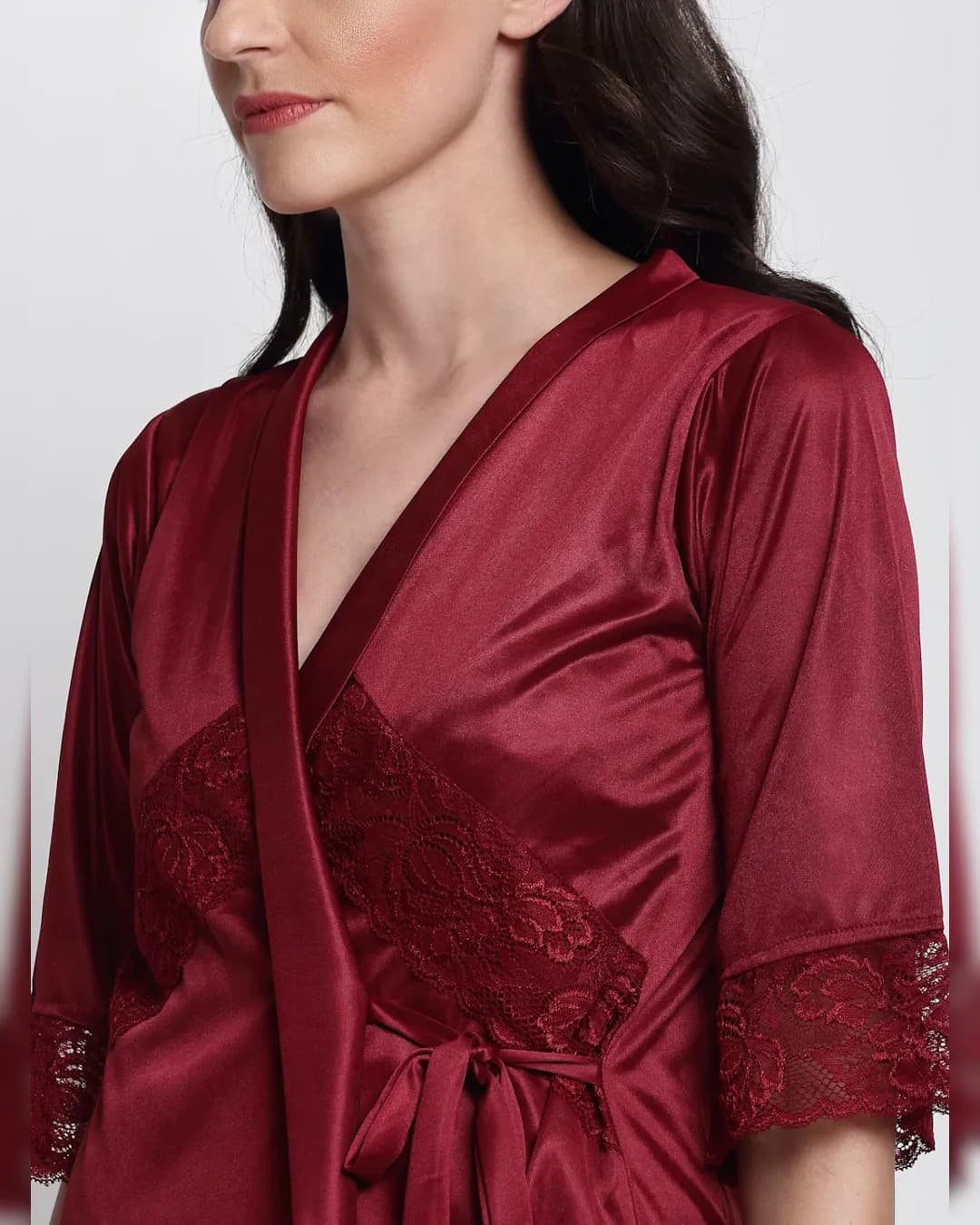 Plush Comfort: Maroon Satin Nighty Robe Set alternate view