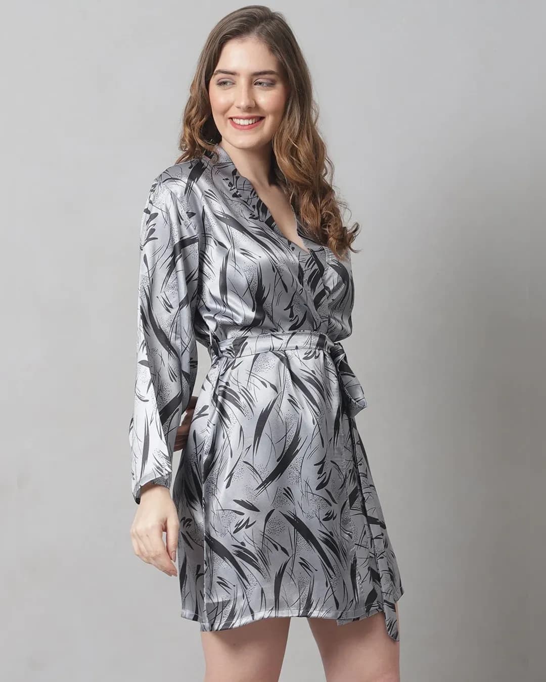 Heavenly Comfort: Grey Abstract Satin Robe Set