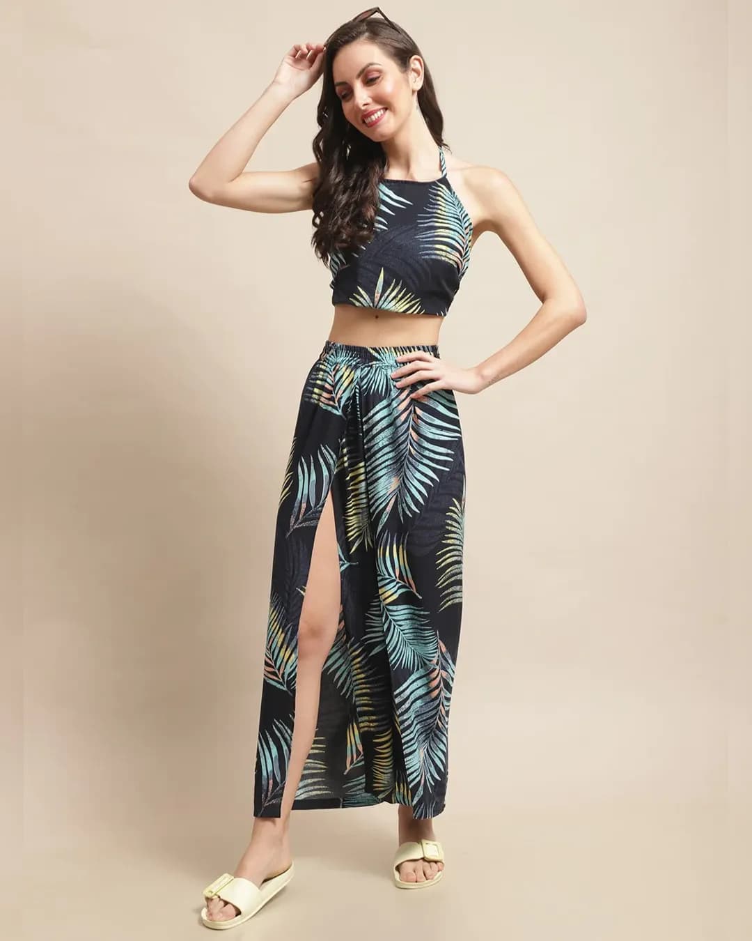 Coastal Comfort: Navy Blue Tropical Rayon Beachwear Set