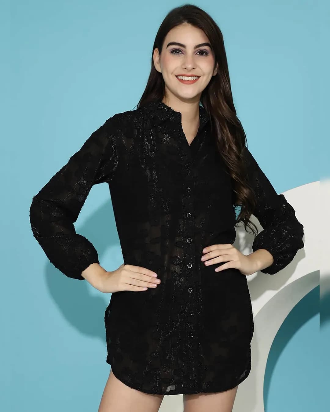 Chic Comfort: Black Solid Printed Georgette Swimwear Cover Up Shirt