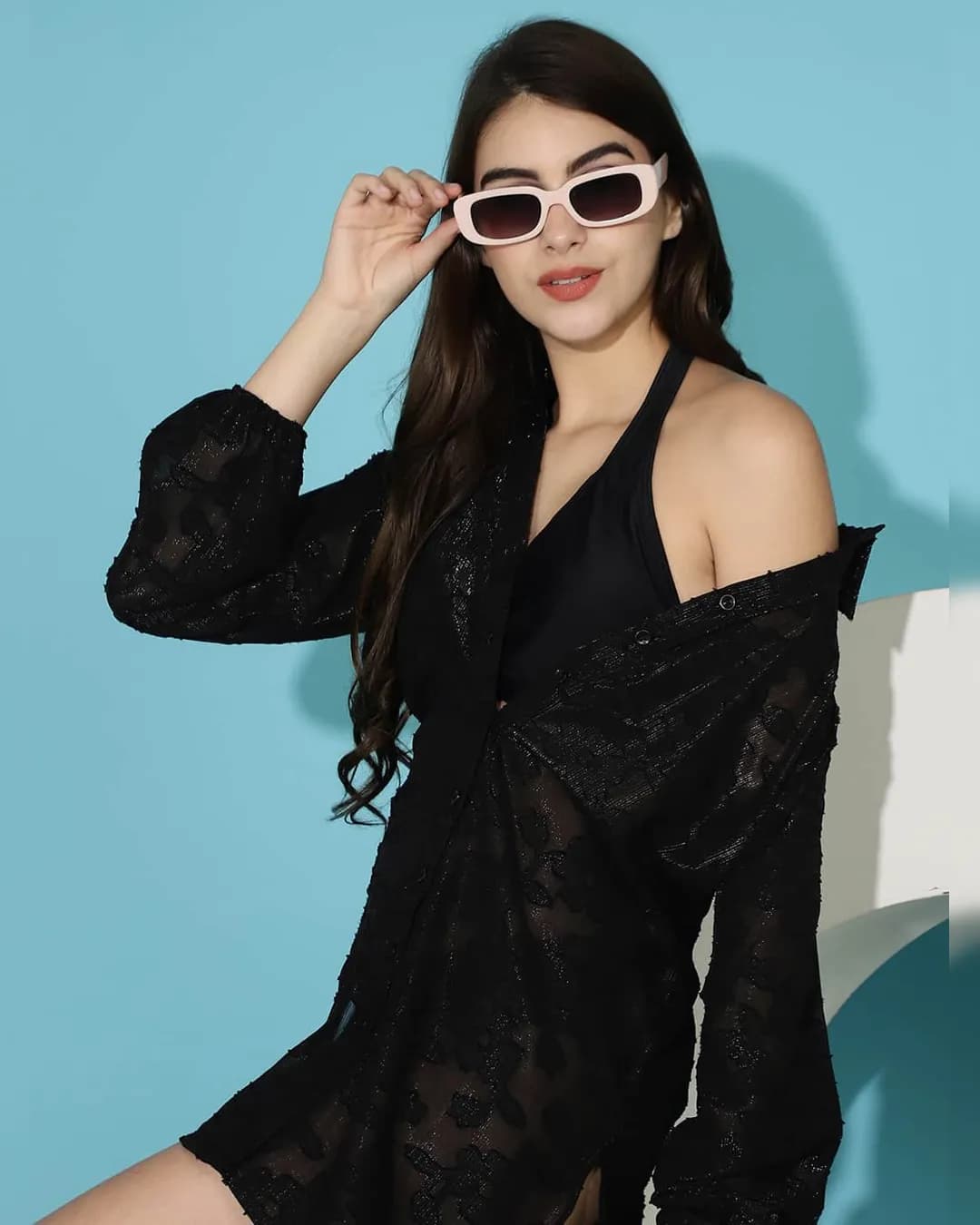 Chic Comfort: Black Solid Printed Georgette Swimwear Cover Up Shirt alternate view