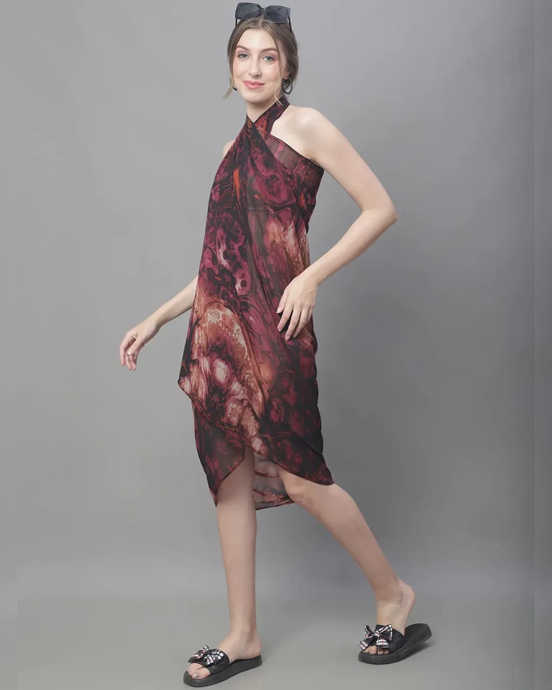 Earthy Elegance: Wine Abstract Printed Swimwear Cover Up Sarong
