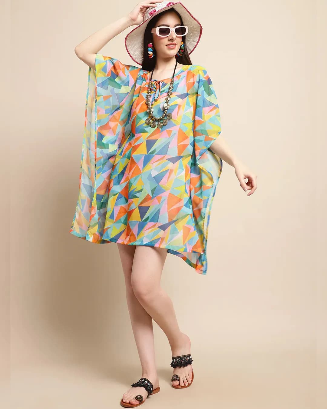 Kaleidoscope Bliss: Multi Geometric Printed Swimwear Cover Up Kaftan Top alternate view