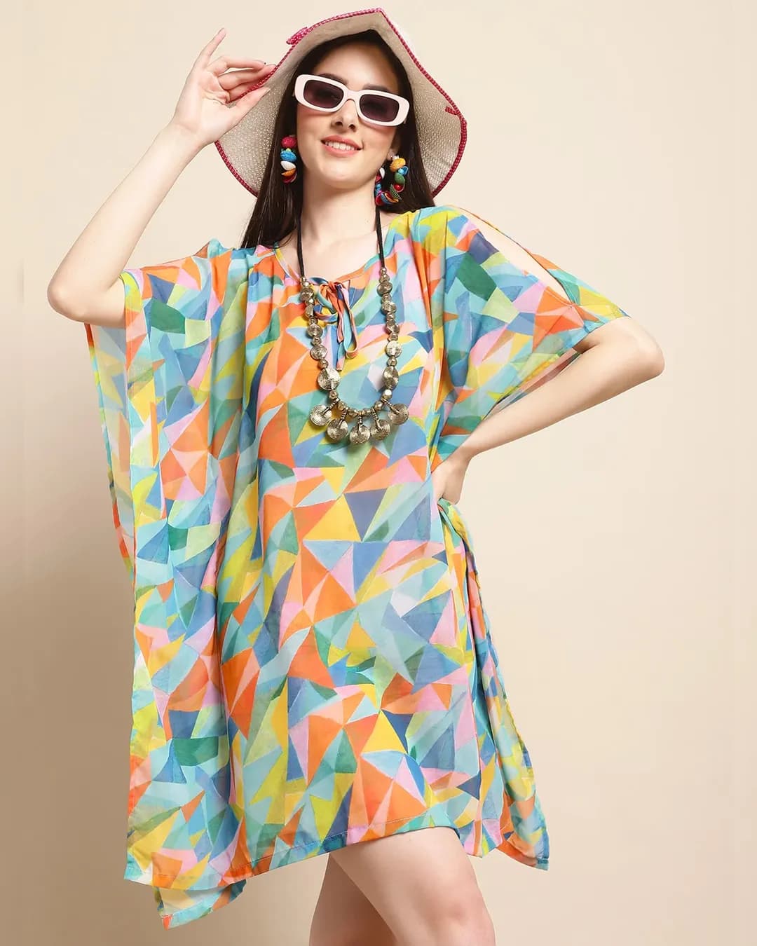 Kaleidoscope Bliss: Multi Geometric Printed Swimwear Cover Up Kaftan Top