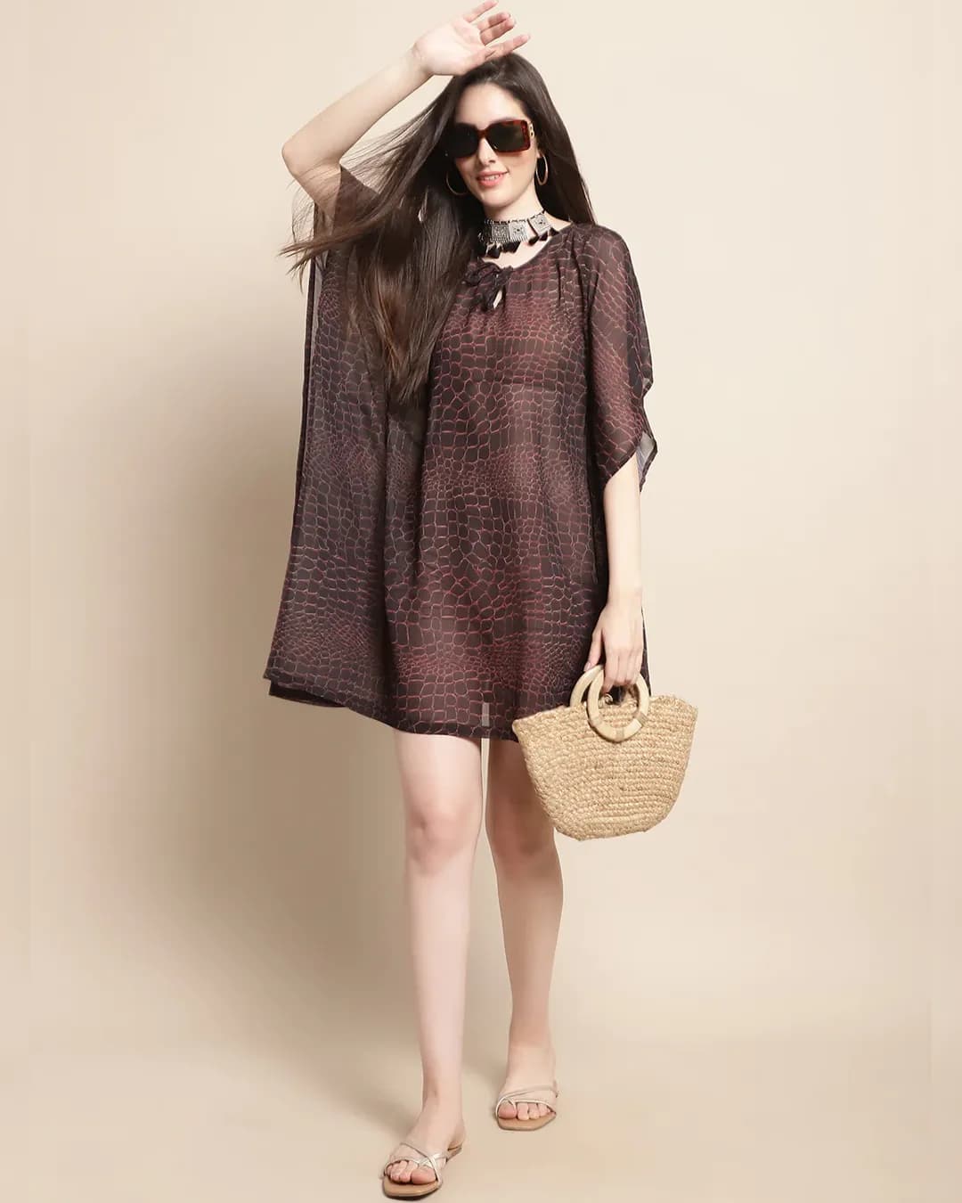 Midnight Muse: Black Abstract Printed Kaftan Swimwear Cover Up Top